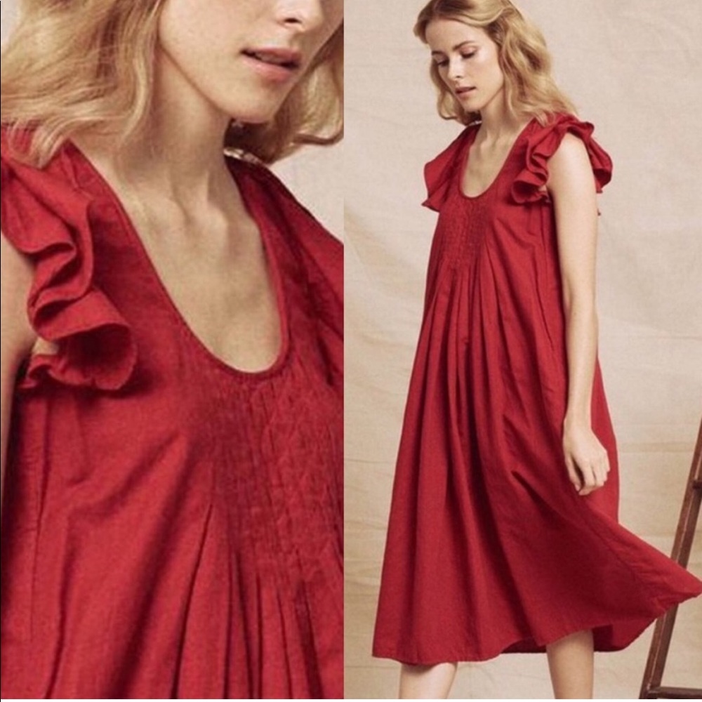 THE GREAT. Red Ruffle-Sleeve Midi Dress
